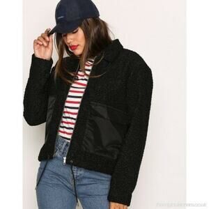 New Dr Denim Emlin Box Crop Faux Shearling Jacket Black Boucle Small $220